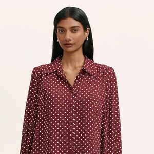 Polka Dot Burgundy Wine size M white polka dot button up 3/4 sleeve Blouse